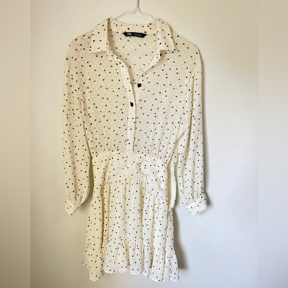 ZARA WHITE POLKA DOT MINI SHIRT DRESS